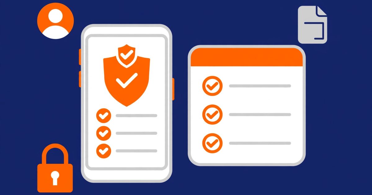 Ilustrasi formulir Data Safety Google Play, ponsel dengan perisai dan daftar periksa